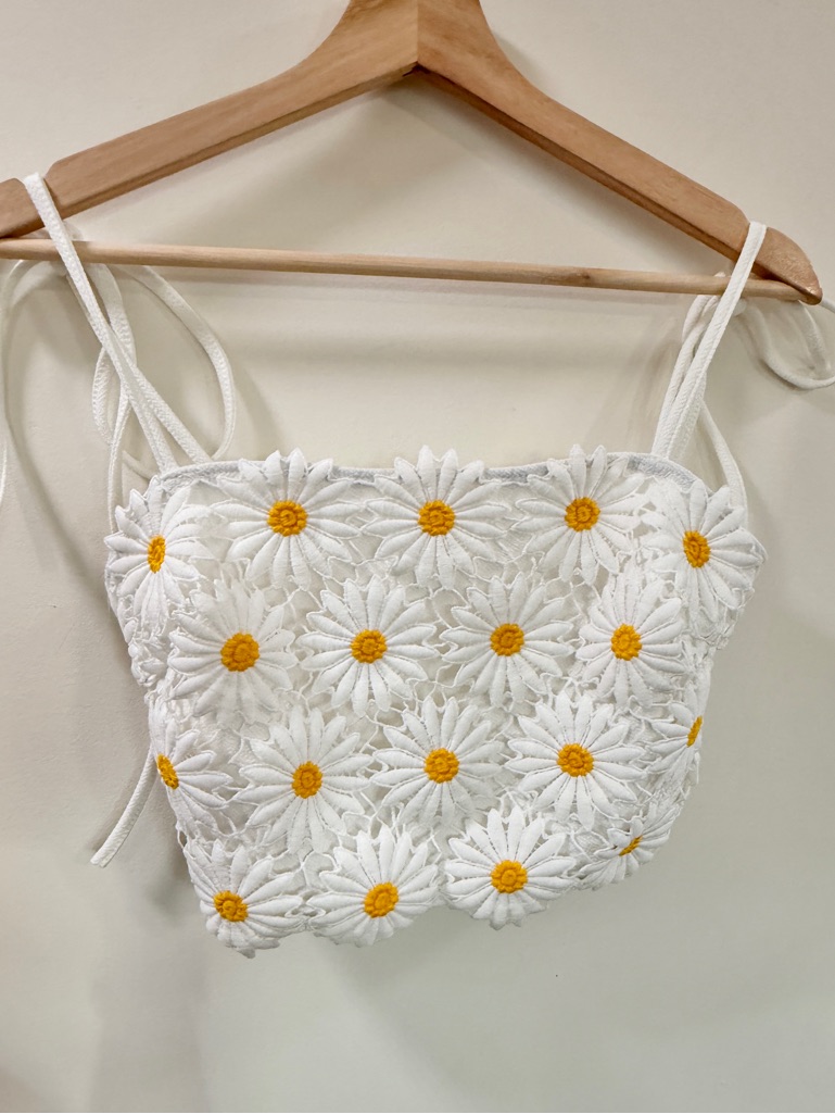 Shein Daisy Lace Tie Strap Crop Top White Yellow Floral Size M
